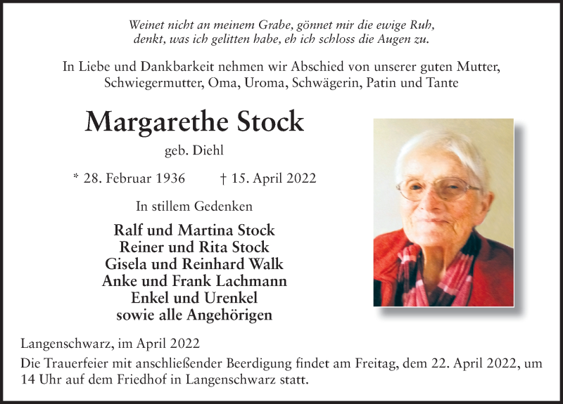  Traueranzeige für Margarethe Stock vom 20.04.2022 aus FZ