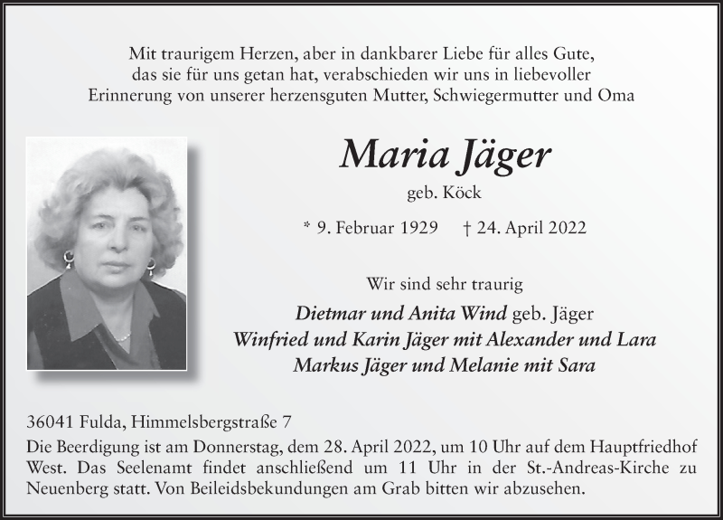  Traueranzeige für Maria Jäger vom 27.04.2022 aus FZ