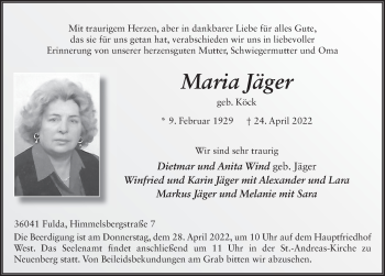 Traueranzeige von Maria Jäger von FZ