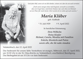 Traueranzeige von Maria Klüber von FZ