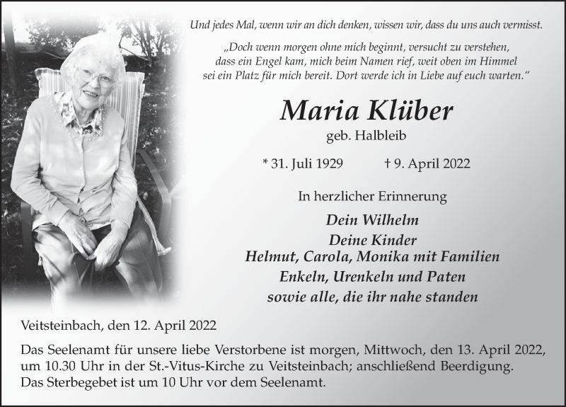  Traueranzeige für Maria Klüber vom 12.04.2022 aus FZ
