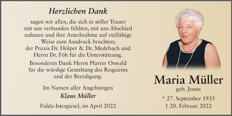  Traueranzeige für Maria Müller vom 07.04.2022 aus FZ