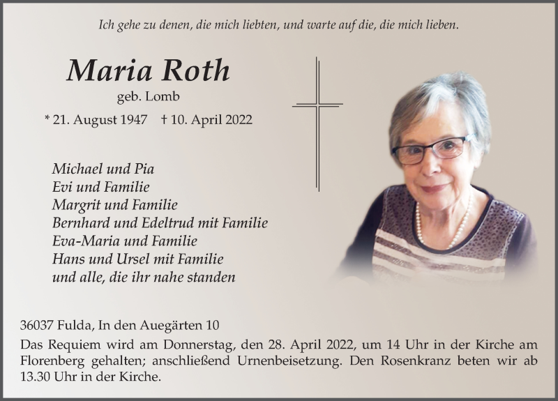  Traueranzeige für Maria Roth vom 23.04.2022 aus FZ