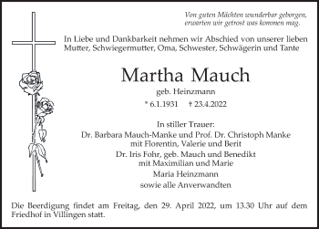 Traueranzeige von Martha Mauch von FZ