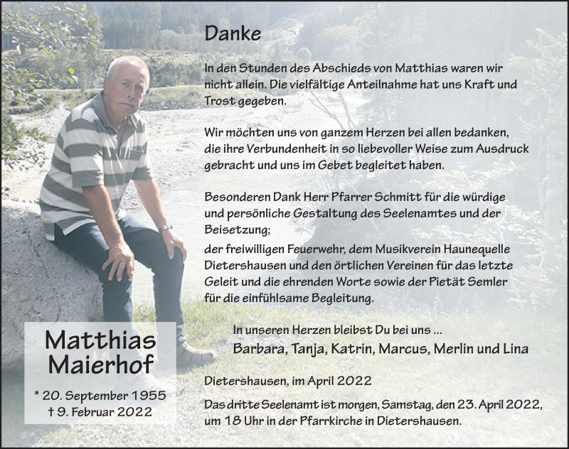  Traueranzeige für Matthias Maierhof vom 22.04.2022 aus FZ