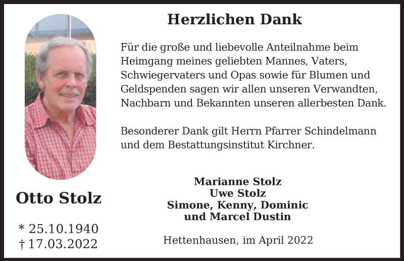  Traueranzeige für Otto Stolz vom 21.04.2022 aus FZ