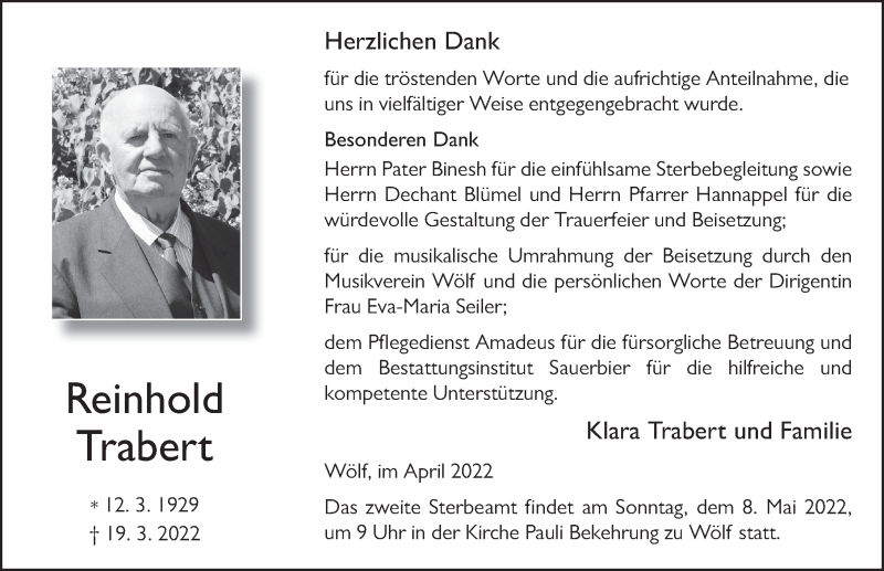  Traueranzeige für Reinhold Trabert vom 23.04.2022 aus FZ