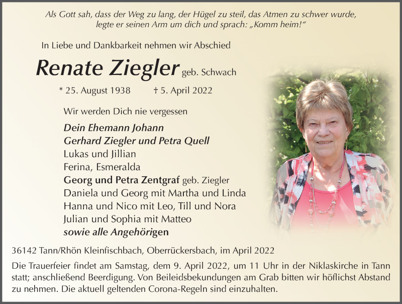  Traueranzeige für Renate Ziegler vom 08.04.2022 aus FZ