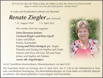 Traueranzeige von Renate Ziegler von FZ