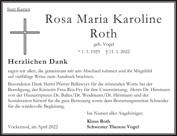 Traueranzeige von Rosa Roth von FZ