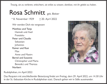 Traueranzeige von Rosa Schmitt von FZ