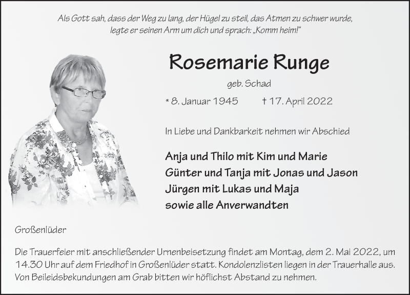  Traueranzeige für Rosemarie Runge vom 28.04.2022 aus FZ