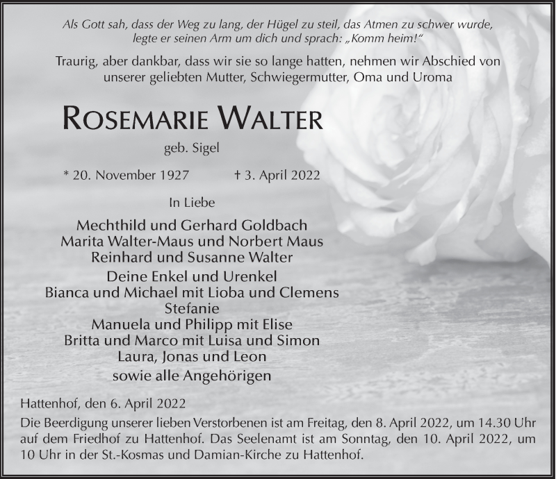  Traueranzeige für Rosemarie Walter vom 06.04.2022 aus FZ