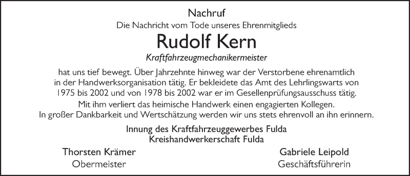  Traueranzeige für Rudolf Kern vom 30.04.2022 aus FZ