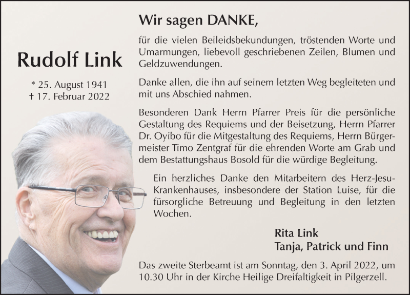  Traueranzeige für Rudolf Link vom 01.04.2022 aus FZ
