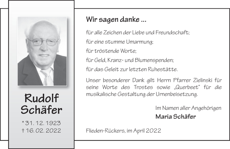  Traueranzeige für Rudolf Schäfer vom 14.04.2022 aus FZ
