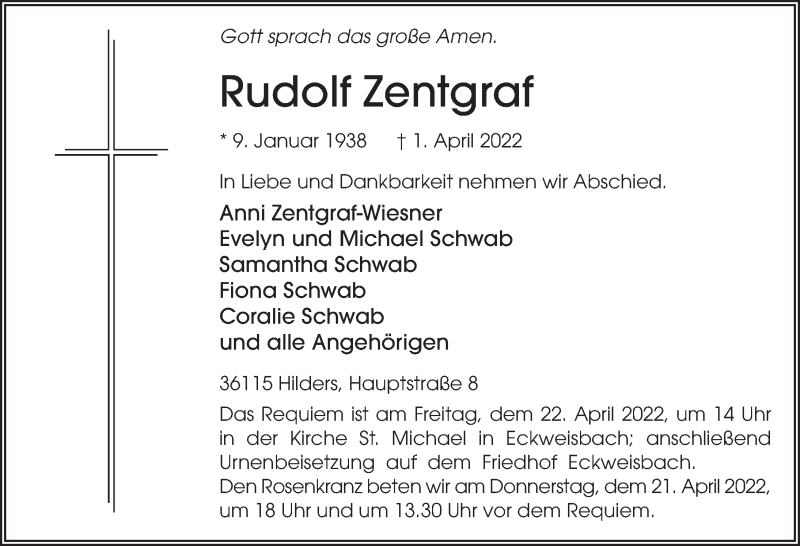  Traueranzeige für Rudolf Zentgraf vom 16.04.2022 aus FZ