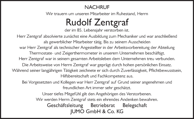  Traueranzeige für Rudolf Zentgraf vom 16.04.2022 aus FZ