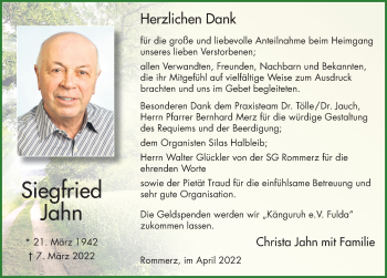 Traueranzeige von Siegfried Jahn von FZ