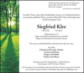 Traueranzeige von Siegfried Klee von FZ