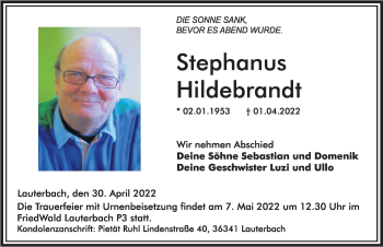 Traueranzeige von Stephanus Hildebrandt von FZ