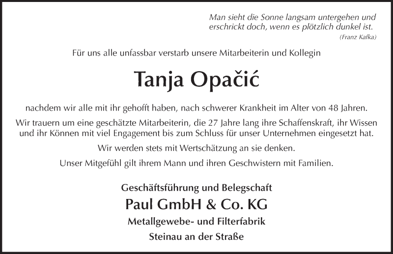  Traueranzeige für Tanja Opacic vom 09.04.2022 aus FZ
