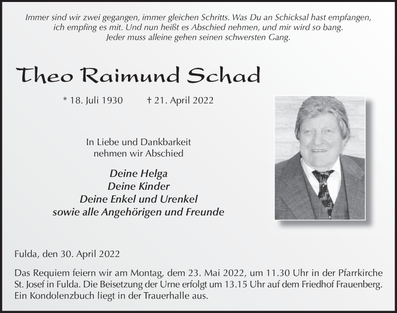 Traueranzeige für Theo Raimund Schad vom 30.04.2022 aus FZ