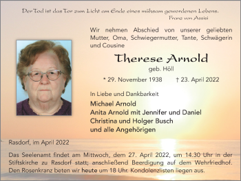 Traueranzeige von Therese Arnold von FZ