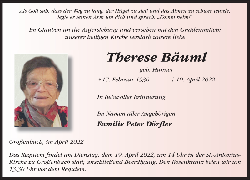  Traueranzeige für Therese Bäuml vom 14.04.2022 aus FZ