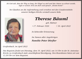 Traueranzeige von Therese Bäuml von FZ