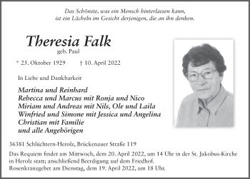 Traueranzeige von Theresia Falk von FZ