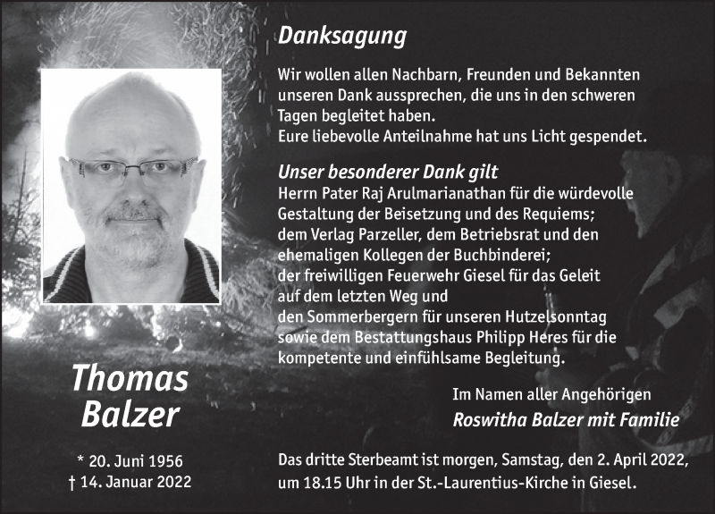 Traueranzeige für Thomas Balzer vom 01.04.2022 aus FZ