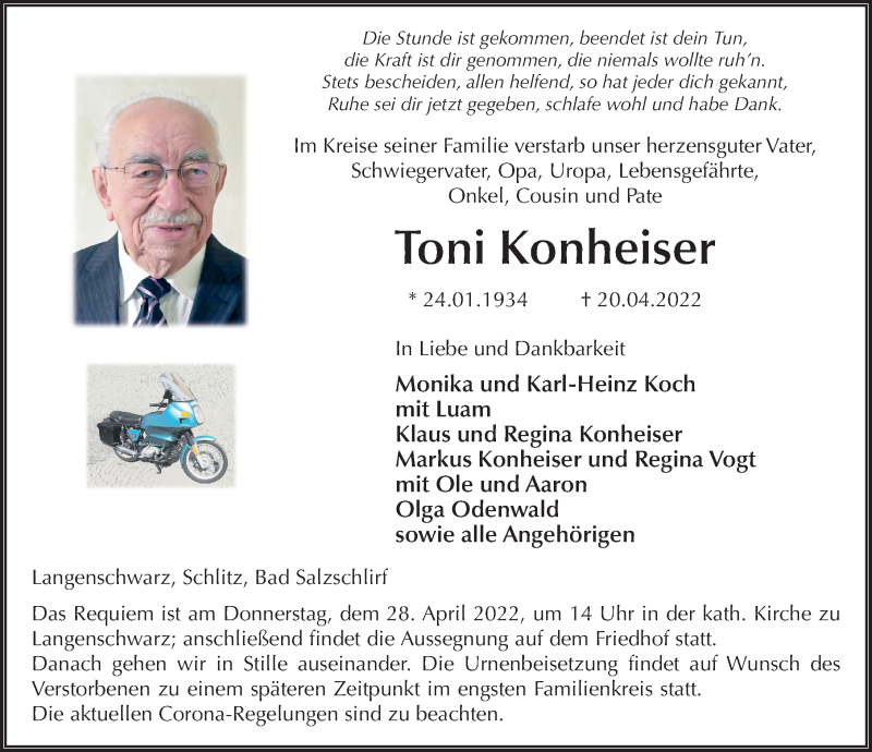  Traueranzeige für Toni Konheiser vom 25.04.2022 aus FZ