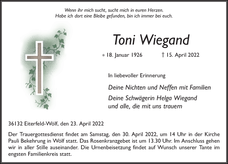  Traueranzeige für Toni Wiegand vom 23.04.2022 aus FZ