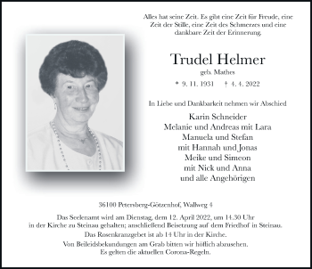 Traueranzeige von Trudel Helmer von FZ
