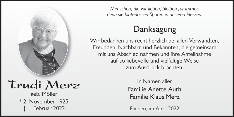  Traueranzeige für Trudi Merz vom 01.04.2022 aus FZ