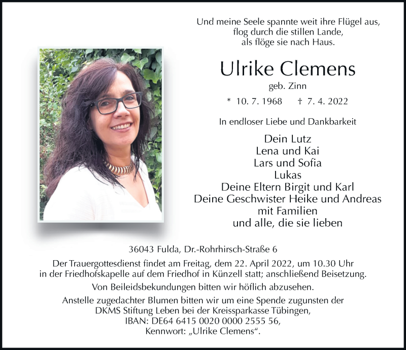  Traueranzeige für Ulrike Clemens vom 16.04.2022 aus FZ