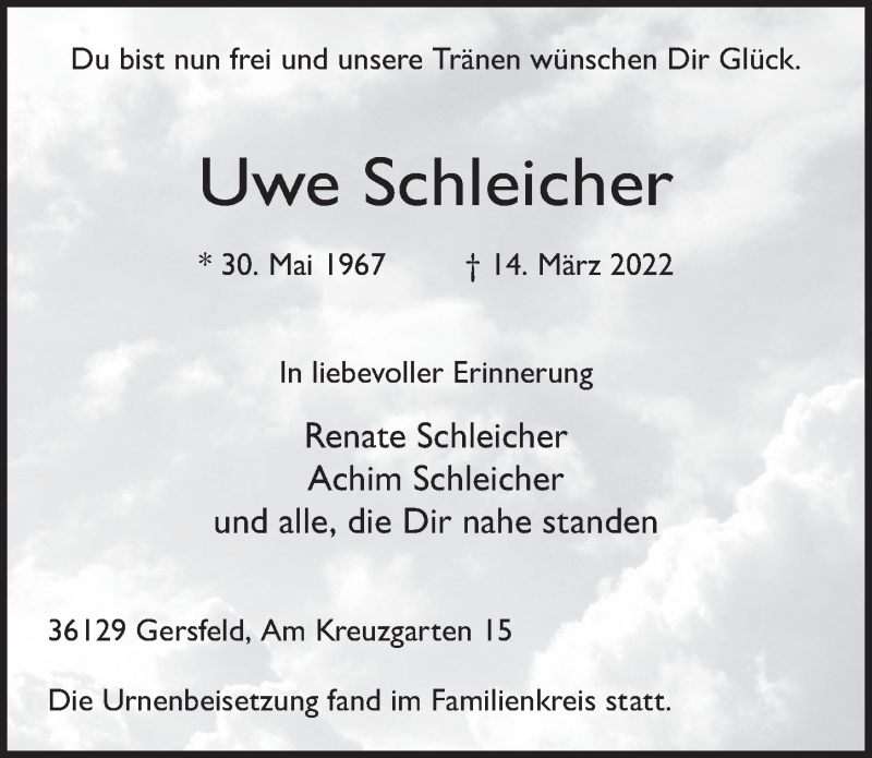  Traueranzeige für Uwe Schleicher vom 06.04.2022 aus FZ