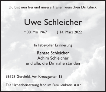 Traueranzeige von Uwe Schleicher von FZ