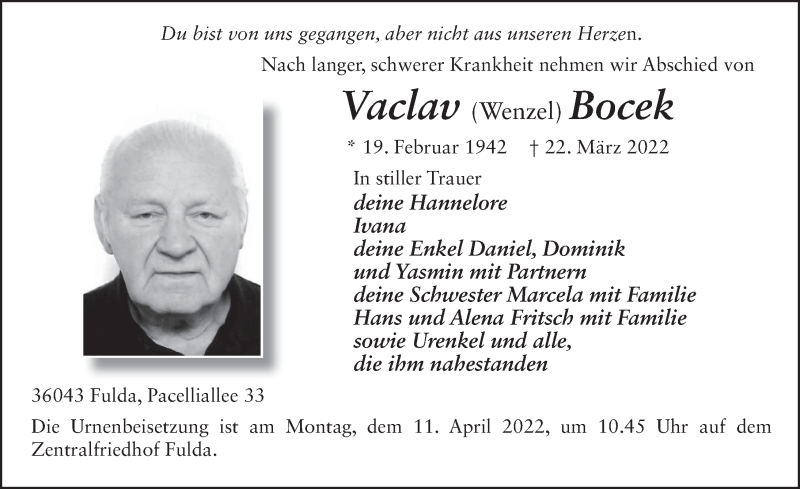  Traueranzeige für Vaclav Bocek vom 02.04.2022 aus FZ