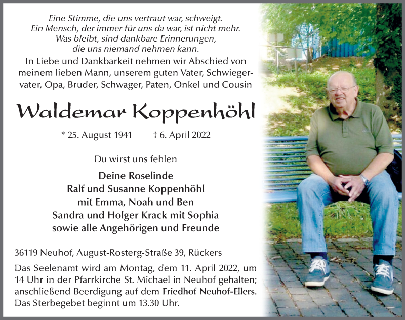  Traueranzeige für Waldemar Koppenhöhl vom 08.04.2022 aus FZ