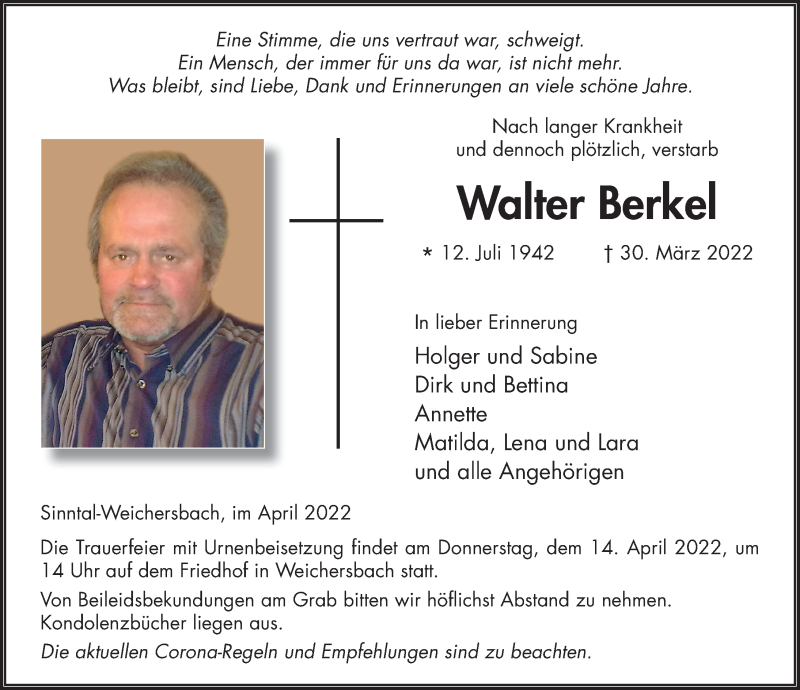  Traueranzeige für Walter Berkel vom 09.04.2022 aus FZ