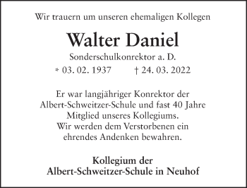 Traueranzeige von Walter Daniel von FZ