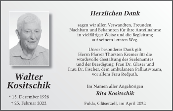 Traueranzeige von Walter Kositschik von FZ