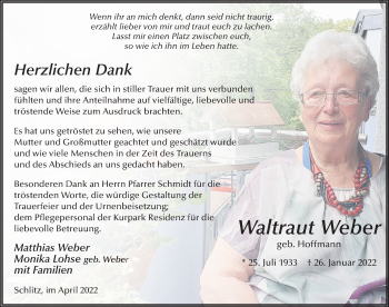 Traueranzeige von Waltraut Weber von FZ