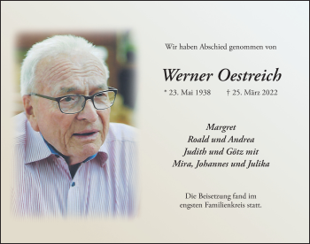 Traueranzeige von Werner Oestreich von FZ