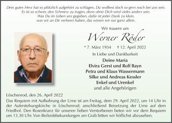 Traueranzeige von Werner Röder von FZ