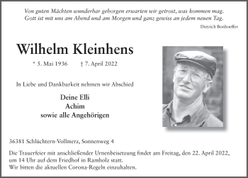 Traueranzeige von Wilhelm Kleinhens von FZ