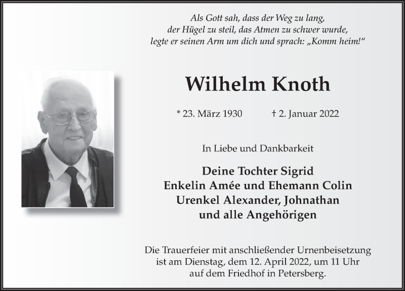  Traueranzeige für Wilhelm Knoth vom 09.04.2022 aus FZ