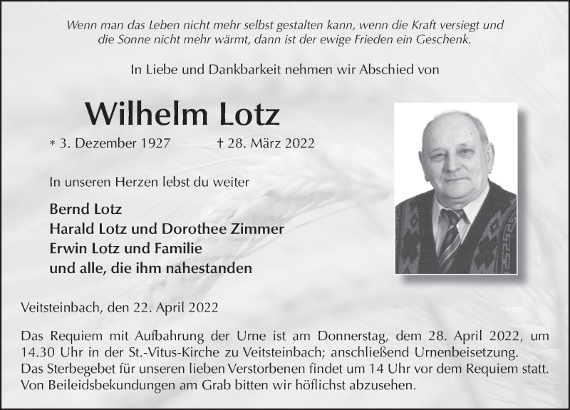  Traueranzeige für Wilhelm Lotz vom 22.04.2022 aus FZ